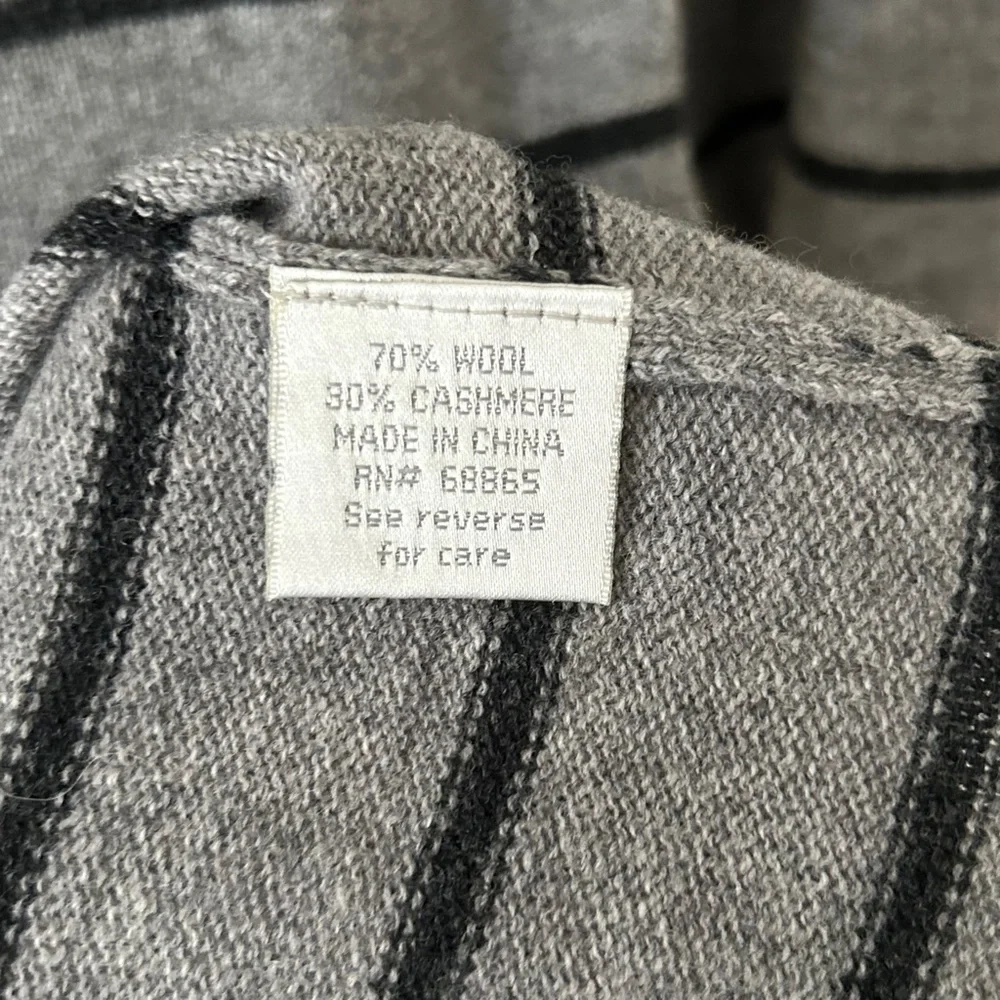 Woolly Minded Wool Cashmere Gray Striped Leather Shoulder Patch Crewneck Sweater